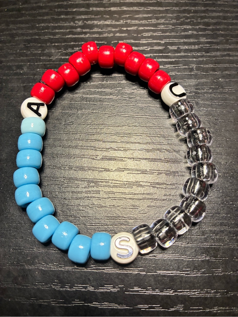 Personalized Kids Beaded Bracelet in Red, Light Blue & Clear